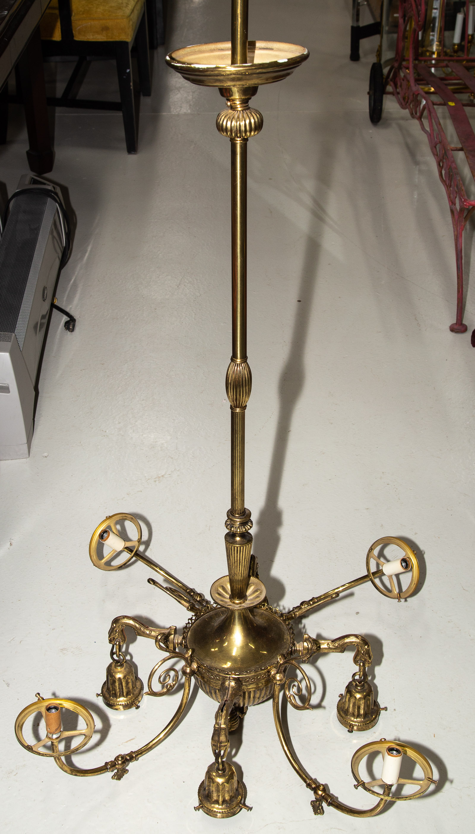 Appraisal: GASOLIER STYLE BRASS CHANDELIER Early th century refurbished and now