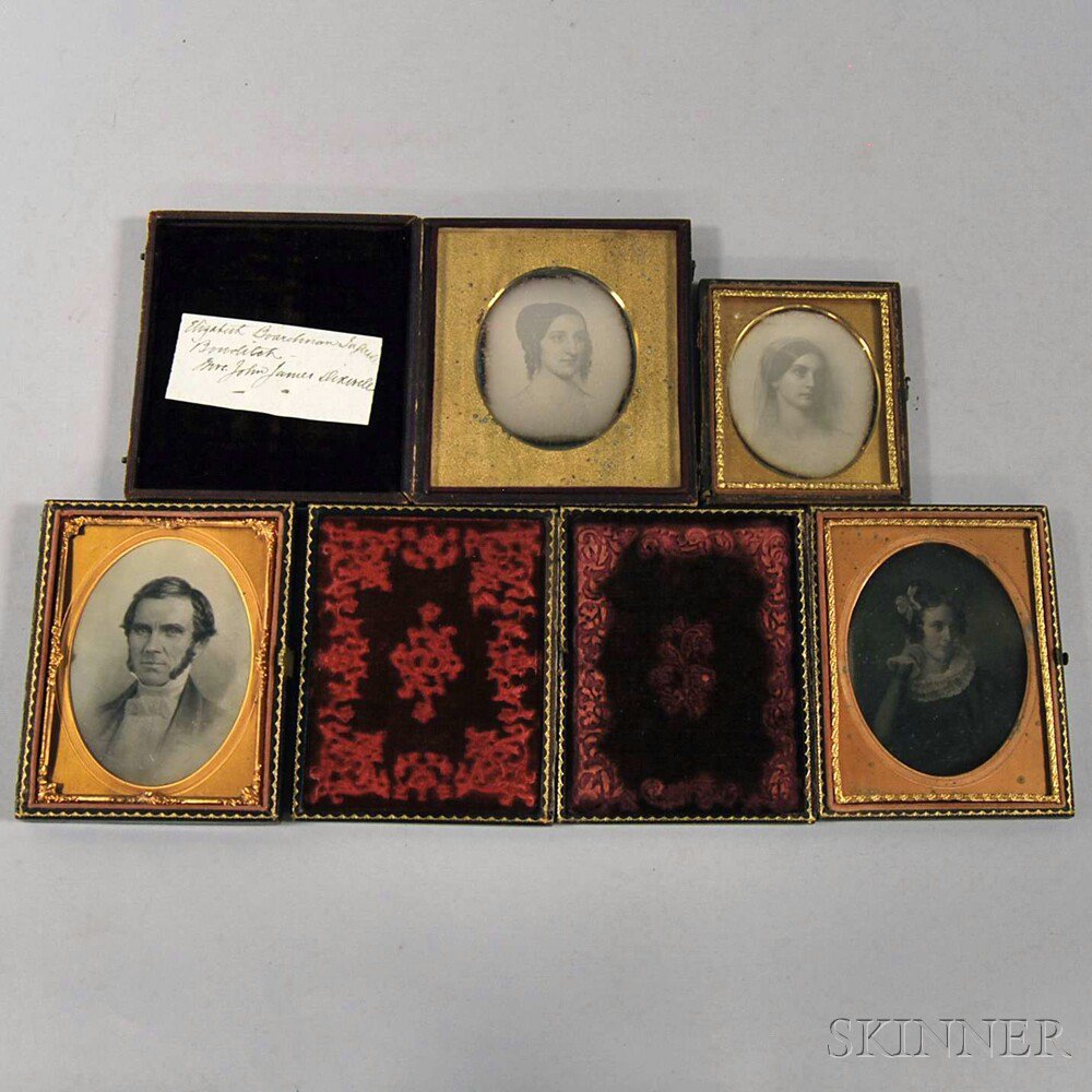 Appraisal: Four Daguerreotypes of Painted Portraits an oversized quarter-plate depicting a