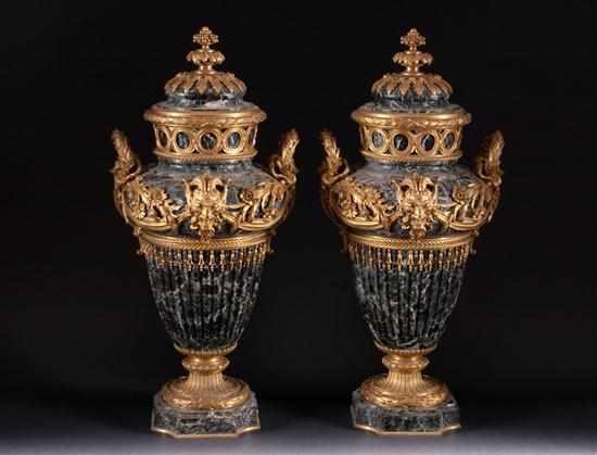 Appraisal: Pair of Louis XVI style ormolu-mounted verde antico marble urns