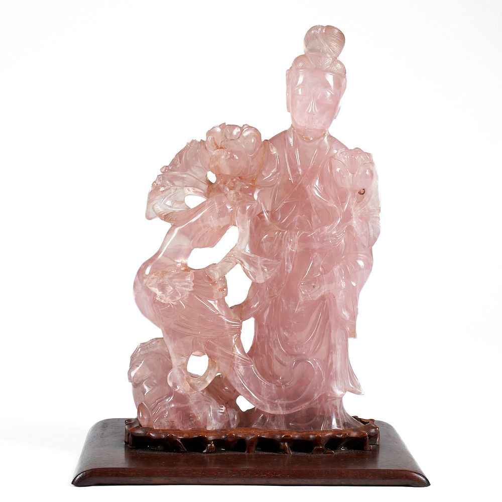 Appraisal: Antique Chinese Rose Quartz Woman Bird Sculpture Chinese rose quartz