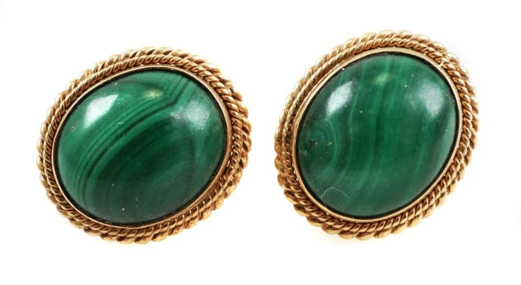 Appraisal: K GOLD AND MALACHITE EARRINGSOval malachite cabochons set in marked