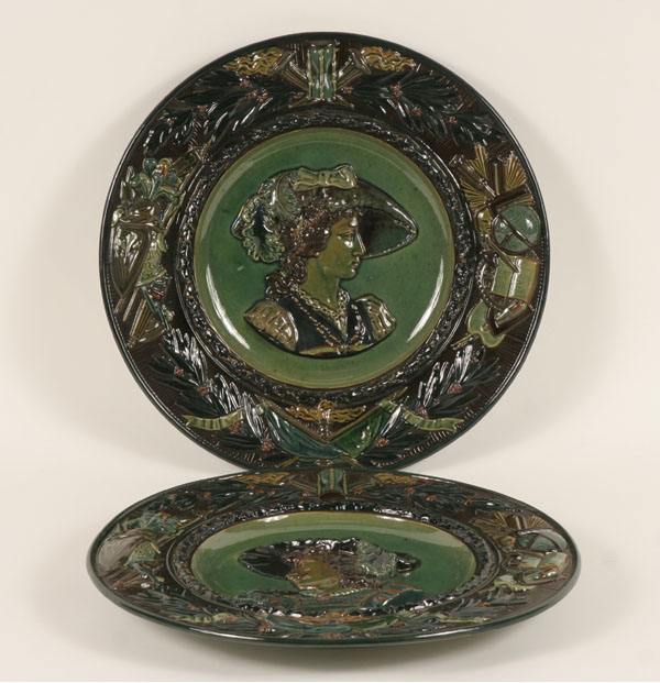 Appraisal: Pair of Continental majolica portrait wall plaques depicting courtly busts