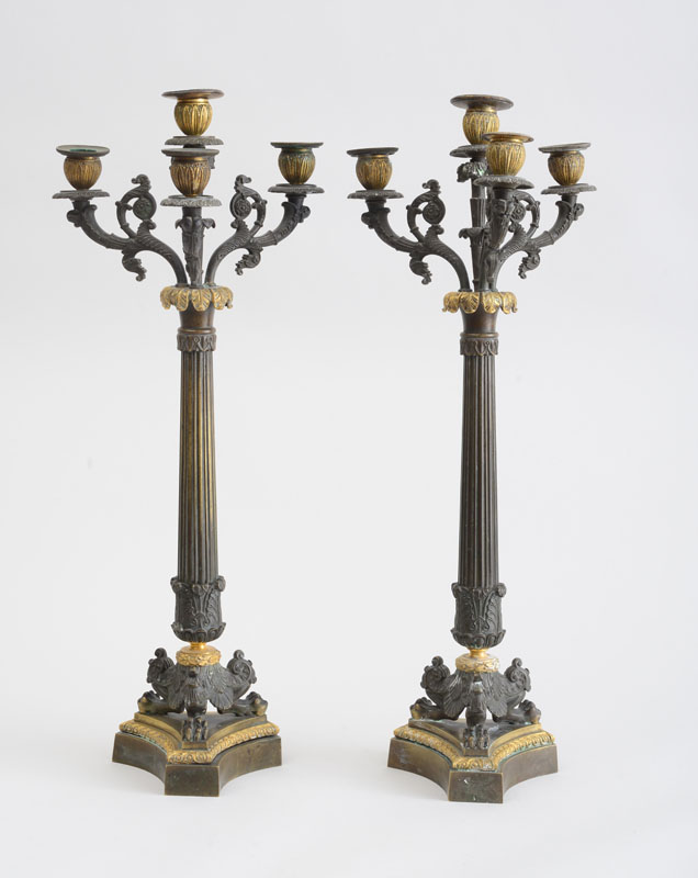 Appraisal: PAIR OF EMPIRE STYLE BRONZE AND GILT-METAL THREE-LIGHT CANDELABRA Each