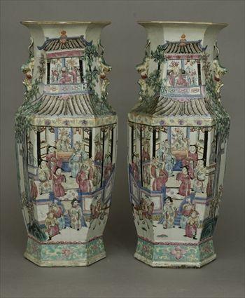 Appraisal: Pair of Large Chinese Famille Rose Porcelain Hexagonal Vases in