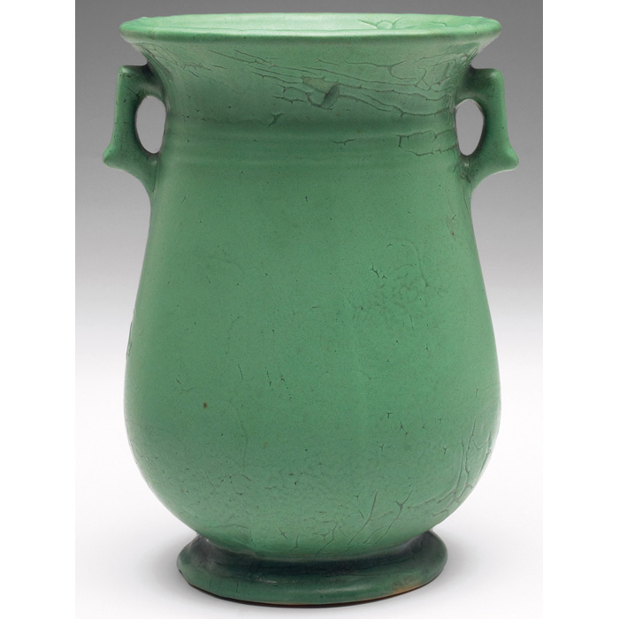 Appraisal: Rozane Egypto vase double handled shape under a green glaze