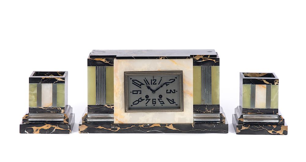 Appraisal: Piece Art Deco Marble Onyx Clock Set Good condition with