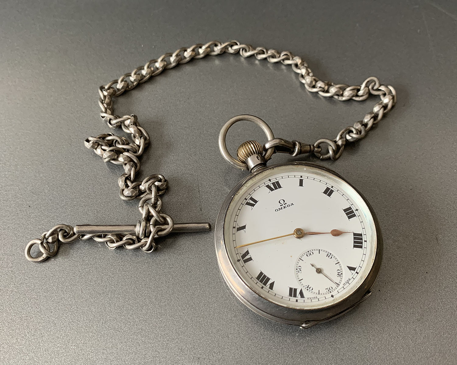 Appraisal: OMEGA STERLING SILVER POCKET WATCH AND CHAIN Sterling Silver open