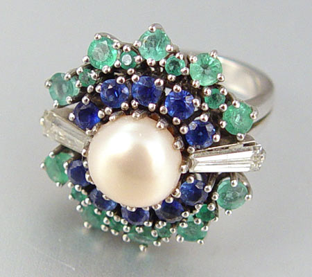 Appraisal: PEARL DIAMOND SAPPHIRE AND EMERALD RING K white gold ring