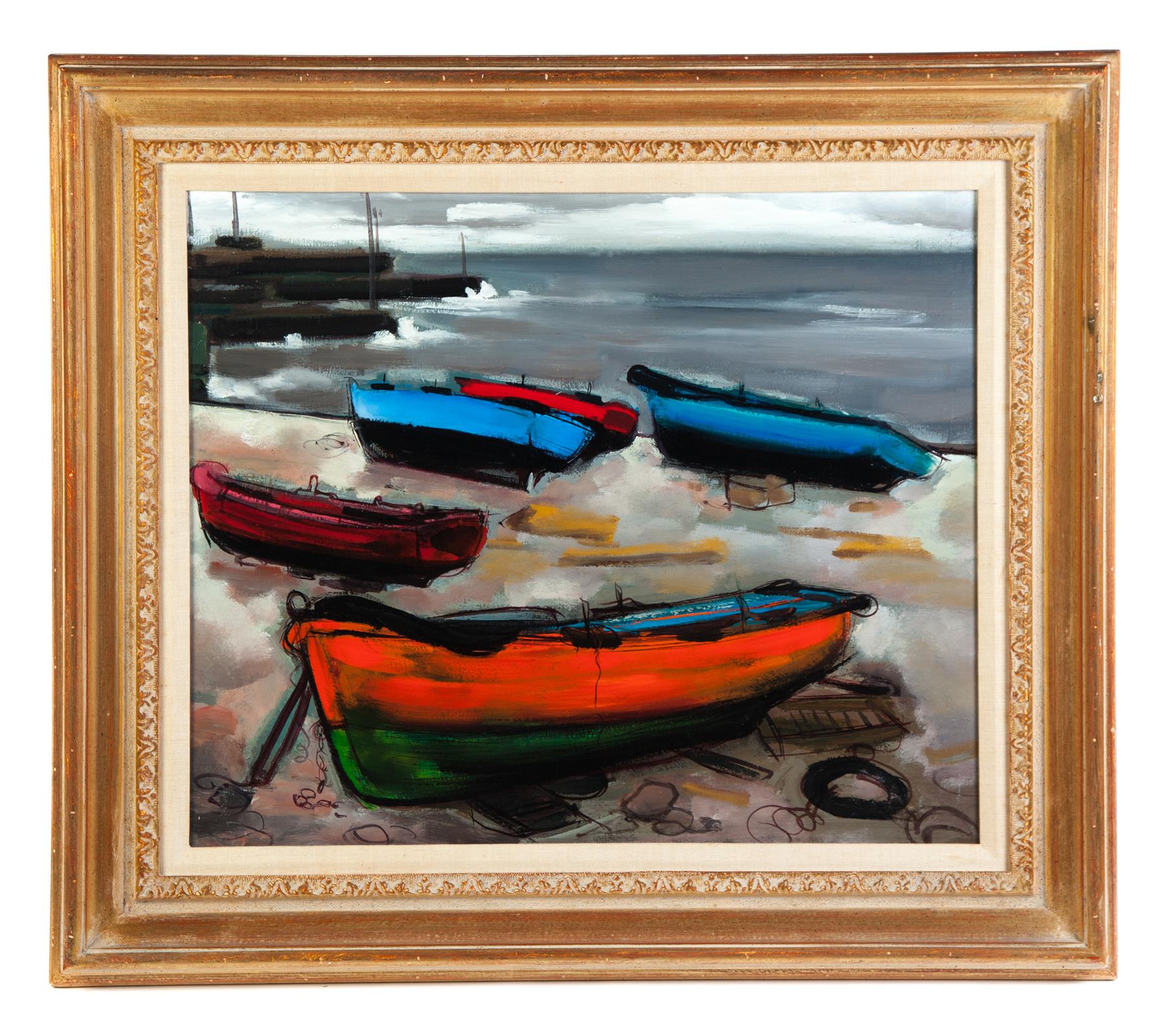 Appraisal: ORANGE BOAT AMERICAN SCHOOL MID TH CENTURY Oil on canvas