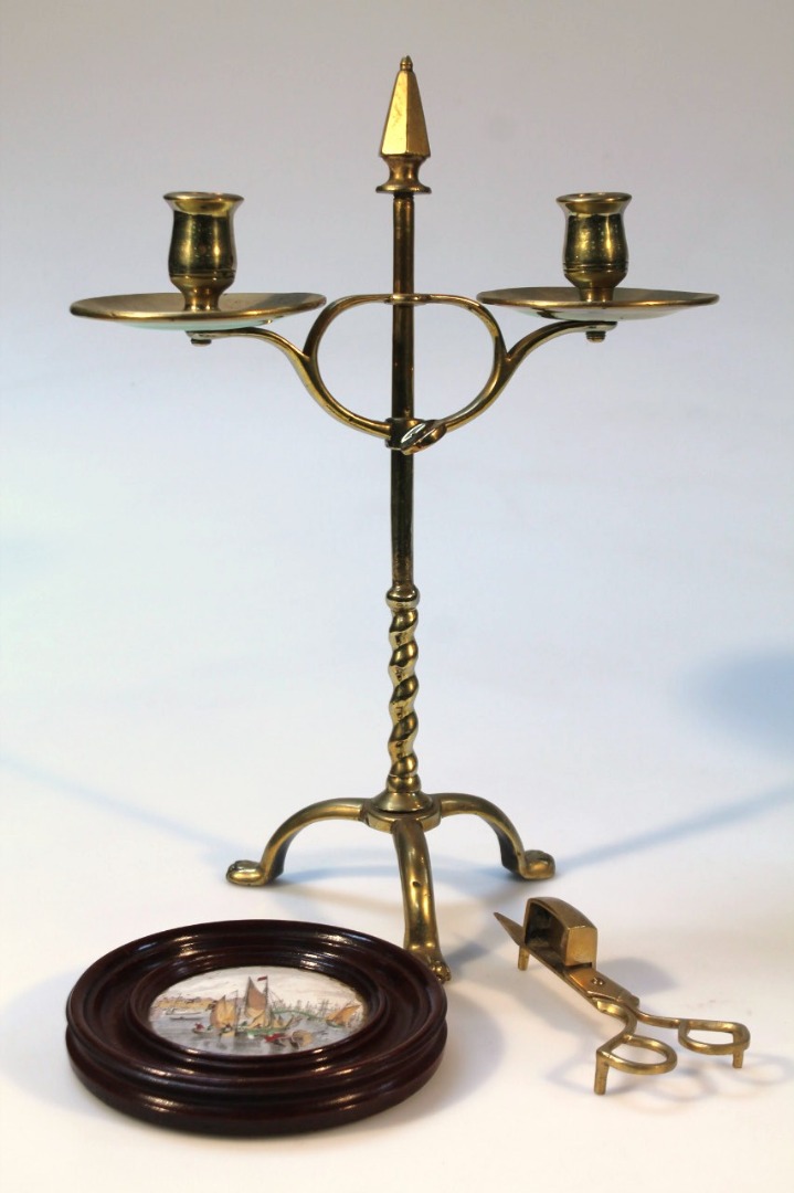 Appraisal: Brassware and collectables comprising a gothic style adjustable candle sconce