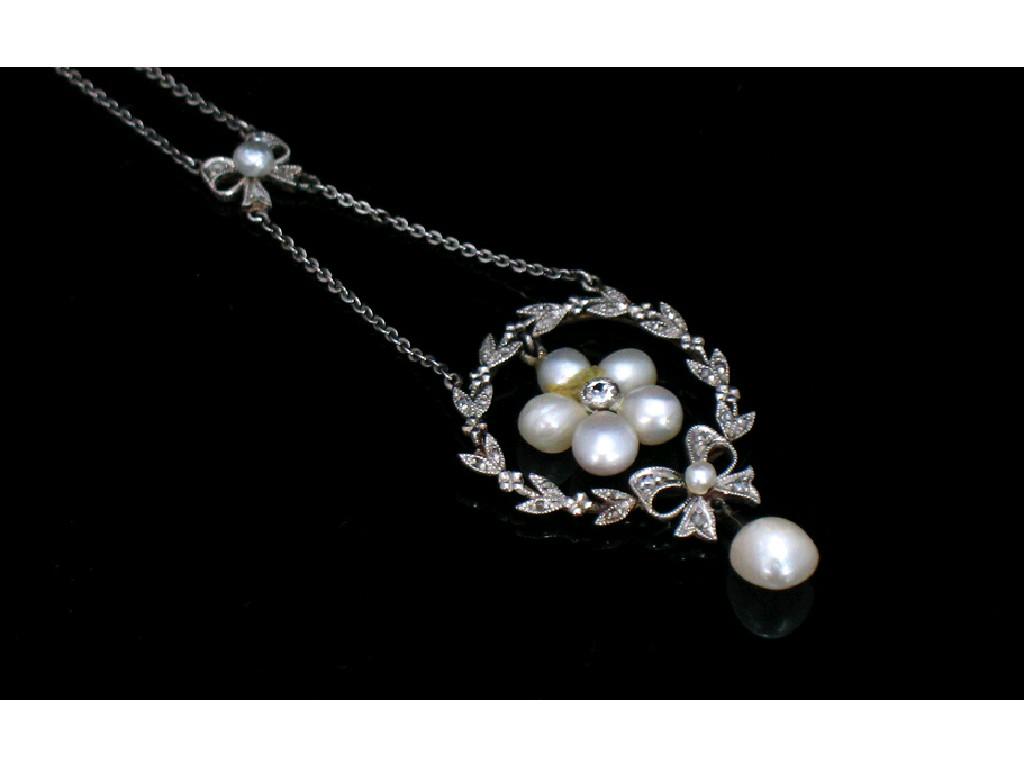 Appraisal: AN EDWARDIAN DIAMOND AND PEARL PENDANT the diamond millegrain set