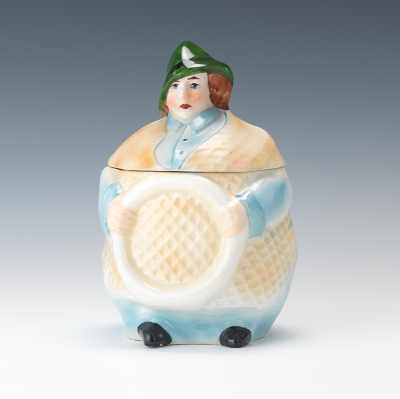 Appraisal: A Figural Tobacco Humidor Lady with Lifesaver Amusing molded ceramic