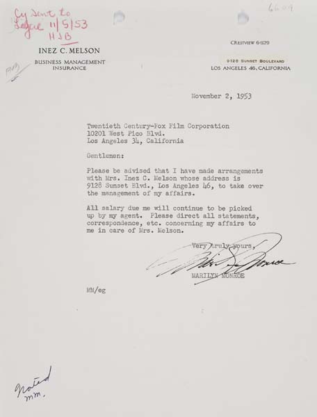 Appraisal: MARILYN MONROE Typed letter signed by Marilyn appointing Inez Melson