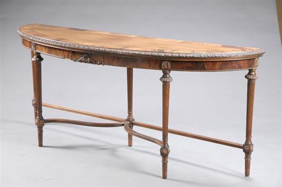 Appraisal: CREDENZA Half round table with carved top edges and apron