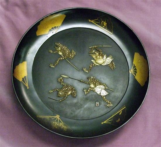 Appraisal: A JAPANESE CIRCULAR LACQUER DISH applied with four ivory and