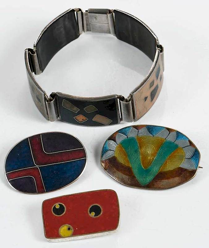 Appraisal: Four Pieces Enamel Jewelry bracelet Perli enamel over silver in