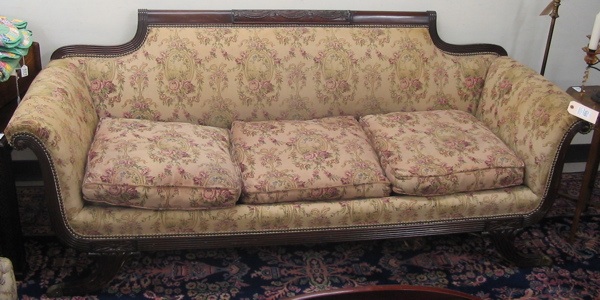 Appraisal: FEDERAL STYLE MAHOGANY SCROLL-ARM SOFA American mid th century having