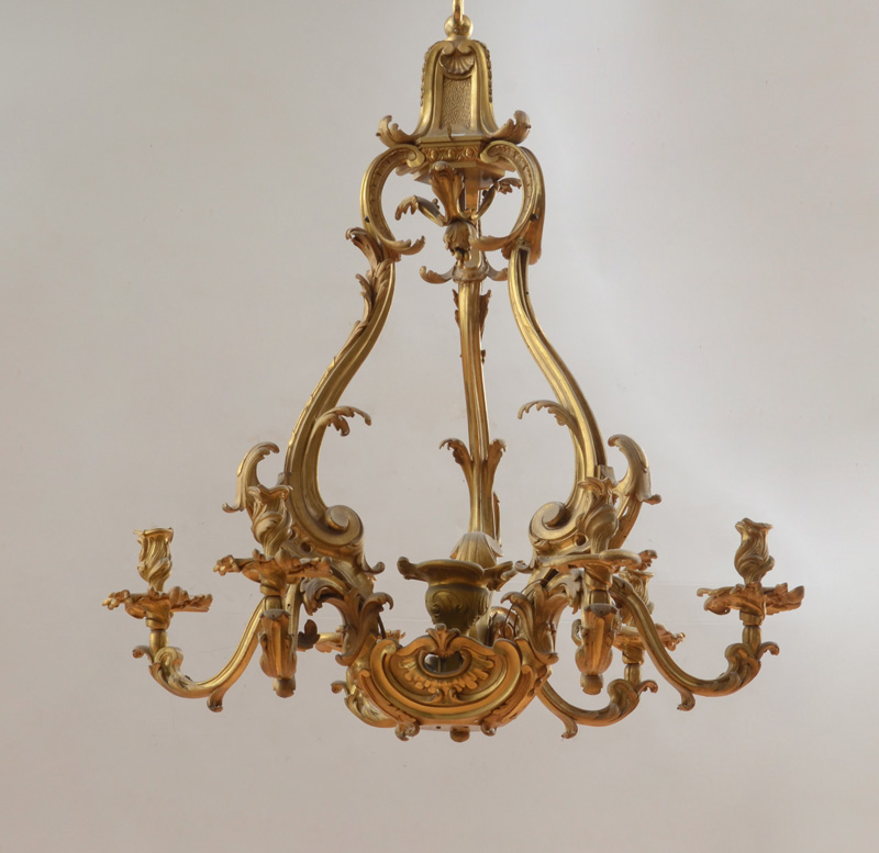 Appraisal: LARGE LOUIS XV STYLE GILT-BRONZE SIX-LIGHT CHANDELIER The pear-form skeletal