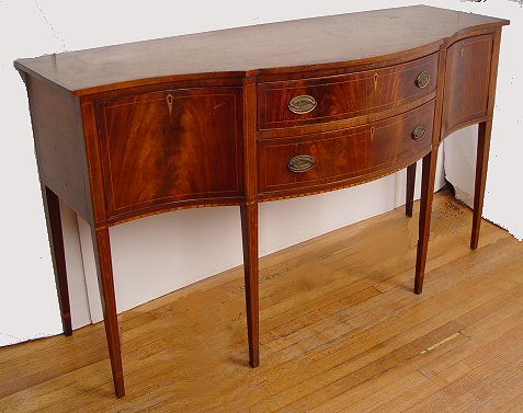 Appraisal: HEPPLEWHITE STYLE INLAY MAHOGANY SIDEBOARD Bowed center of drawers side