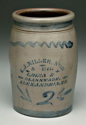 Appraisal: Virginia stoneware jar salt glazed marked in cobalt quot E