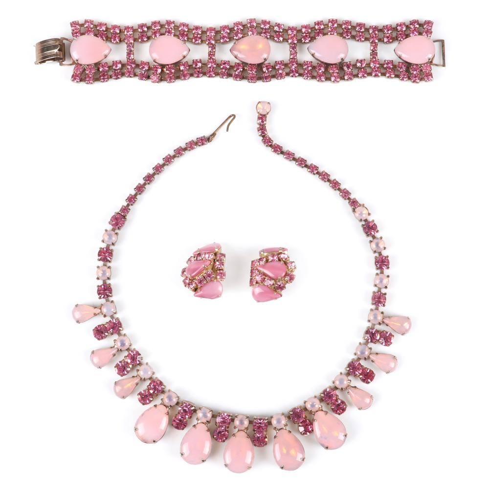 Appraisal: VINTAGE PC PINK PARURE WITH LARGE H OPALESCENT TEARDROP CABOCHONS