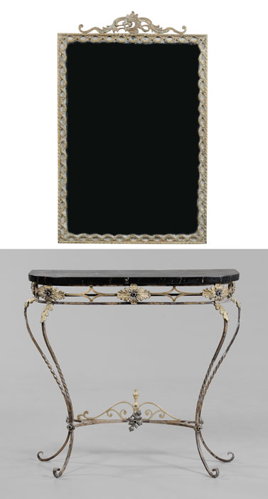 Appraisal: Wrought Iron and Brass Marble-Top Console with cast brass framed