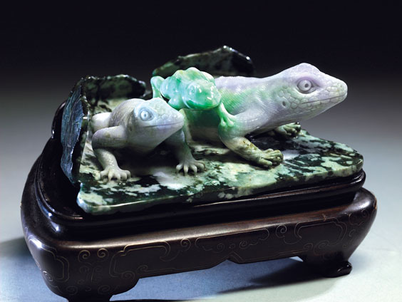 Appraisal: CARVED JADEITE GROUP Lizards with Frog Jadeite China This finely