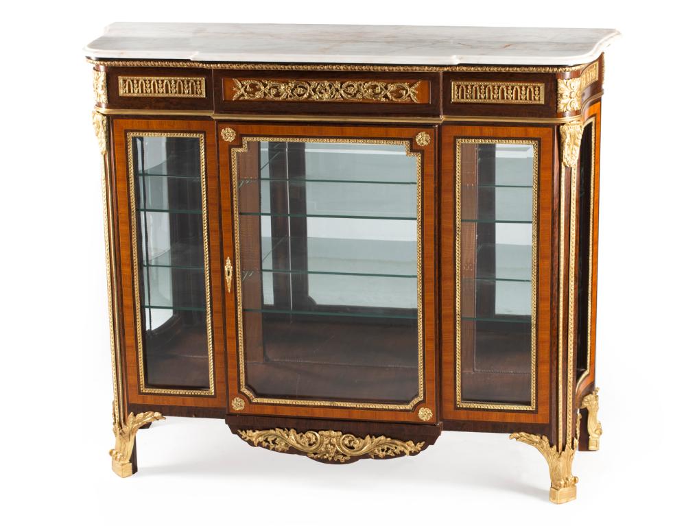 Appraisal: Louis XVI-Style Bronze-Mounted Kingwood Vitrine Cabinet shaped marble top paneled