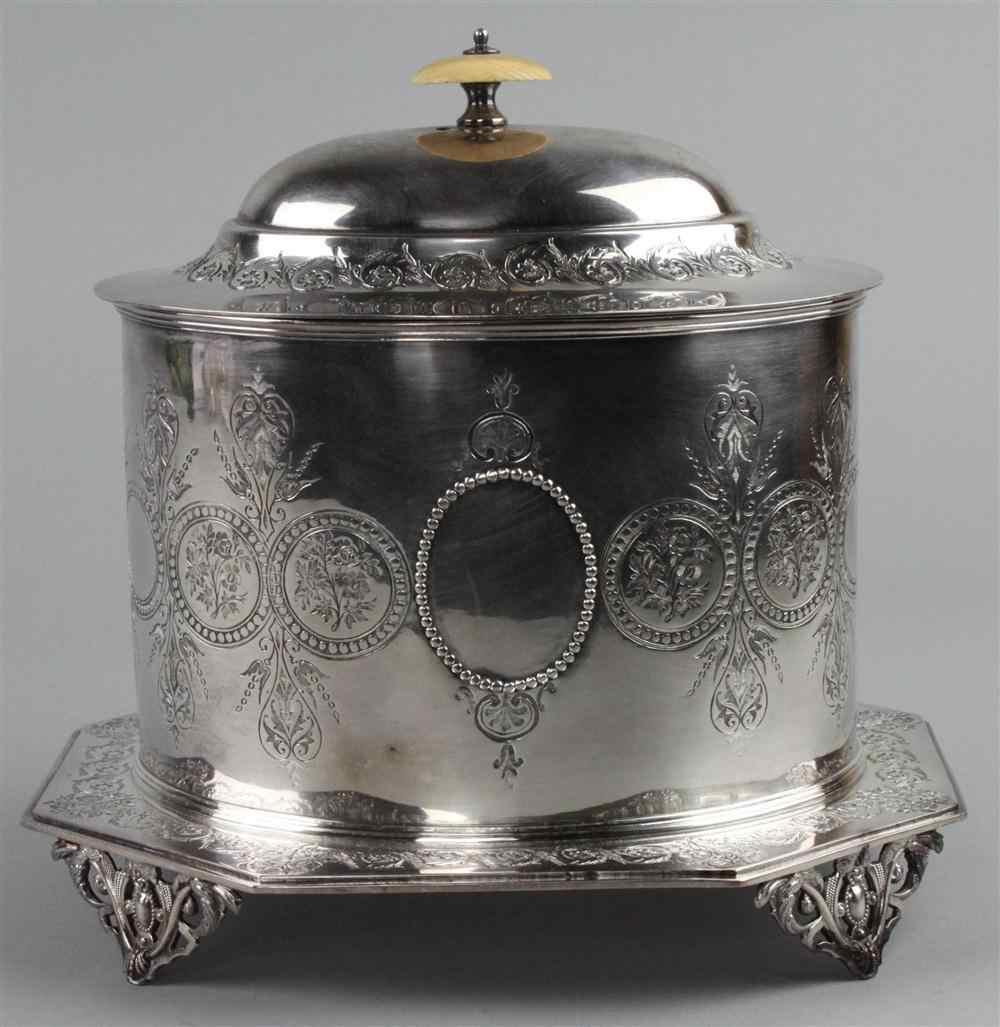 Appraisal: VICTORIAN SILVERPLATED BISCUIT BARREL WITH ATTACHED STAND and ivory finial