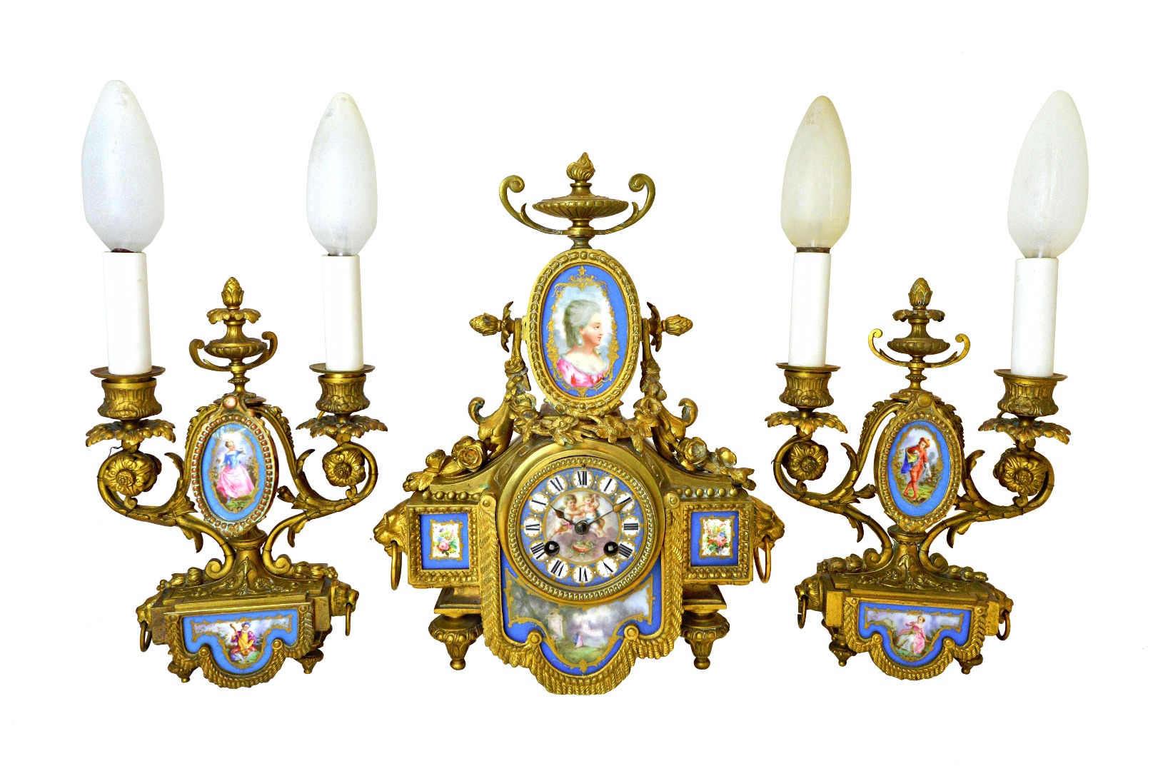 Appraisal: A French ormolu and porcelain mounted mantel clock garniture early