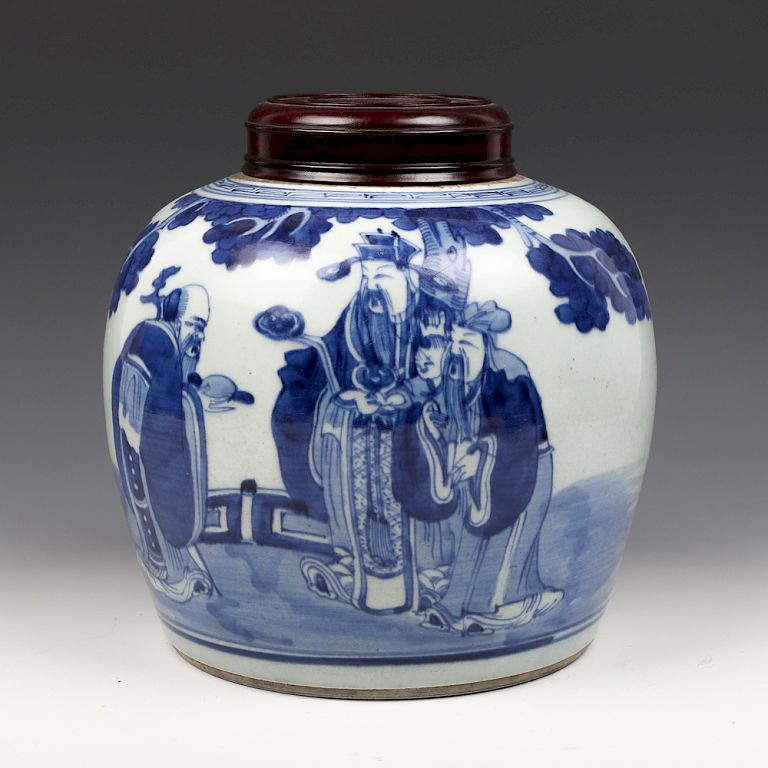 Appraisal: CHINESE BLUE AND WHITE 'FIGURAL' JAR WITH COVER QING Of