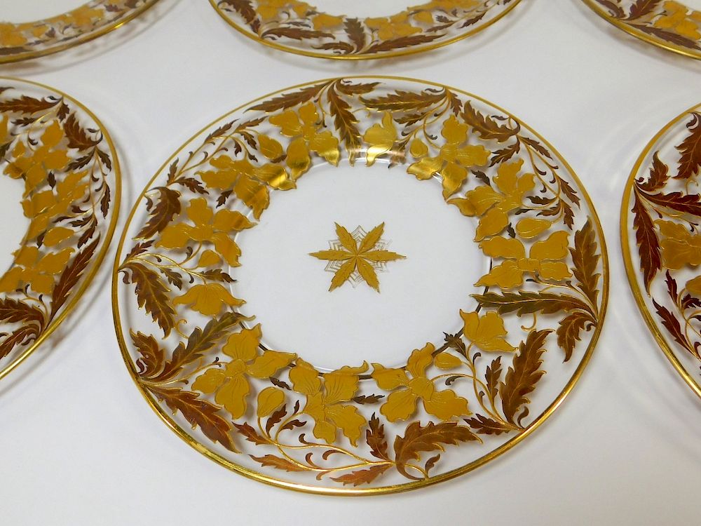 Appraisal: Set of Czech Bohemian Gilt Iris Flower Glass Plate Czechoslovakia