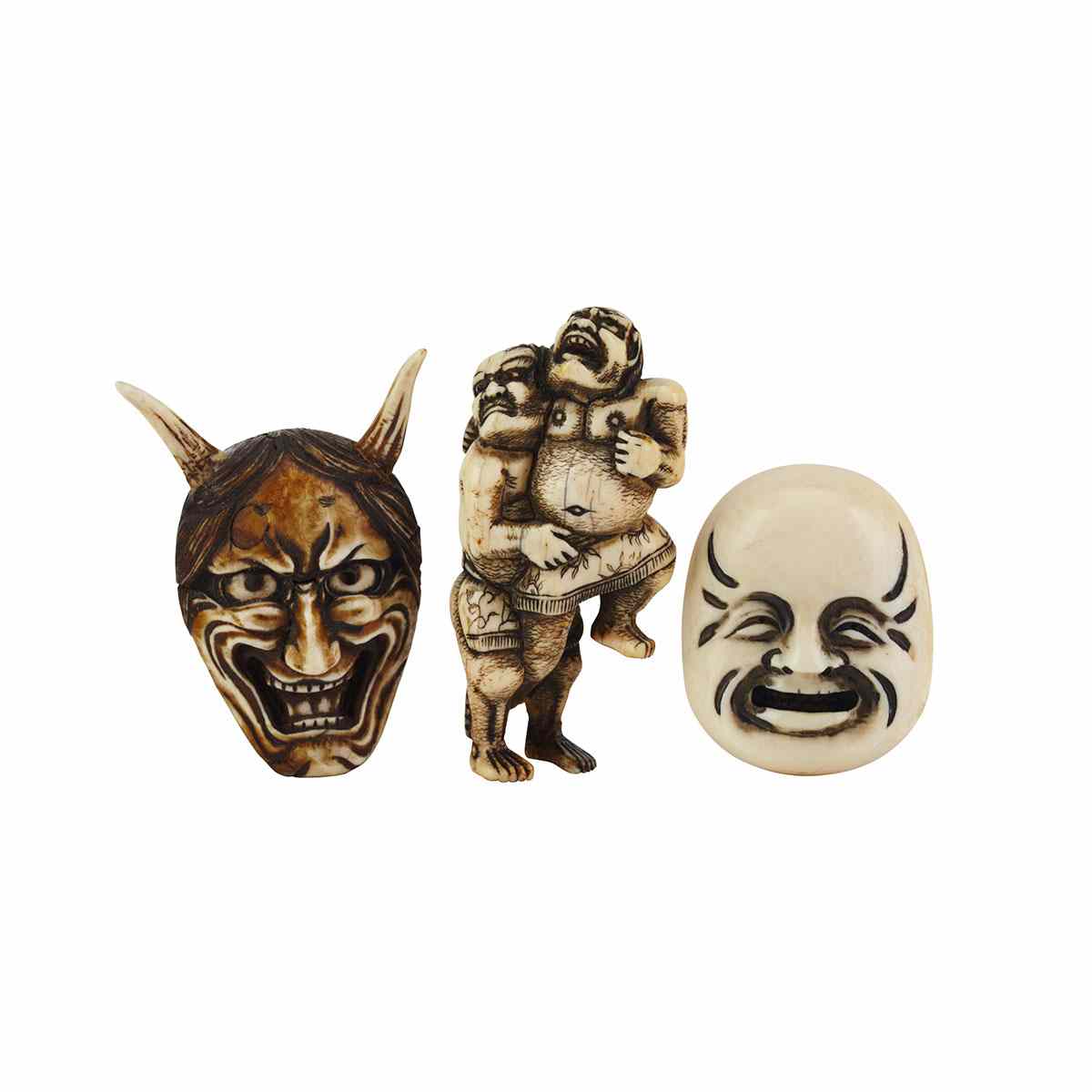 Appraisal: Three Ivory Netsukes th th Century Includes a mask of