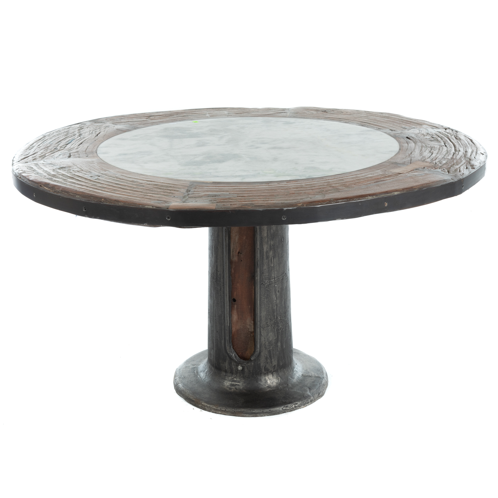 Appraisal: ROUND INDUSTRIAL RUSTIC DINING TABLE st century with cast metal