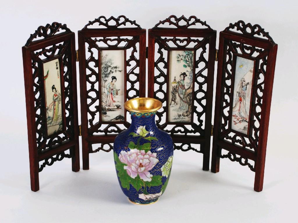 Appraisal: CHINESE CARVED AND PIERCED RED WOOD MINIATURE FOUR FOLD SCREEN