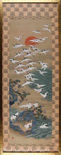 Appraisal: Japanese School probably th c Cranes in Flight before a