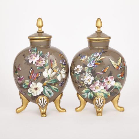 Appraisal: Pair of Continental Enameled and Gilt Brown Opaline Glass Vases