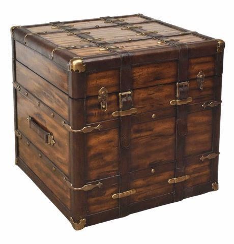 Appraisal: Rustic leather-strapped wood trunk late th c having a sliding