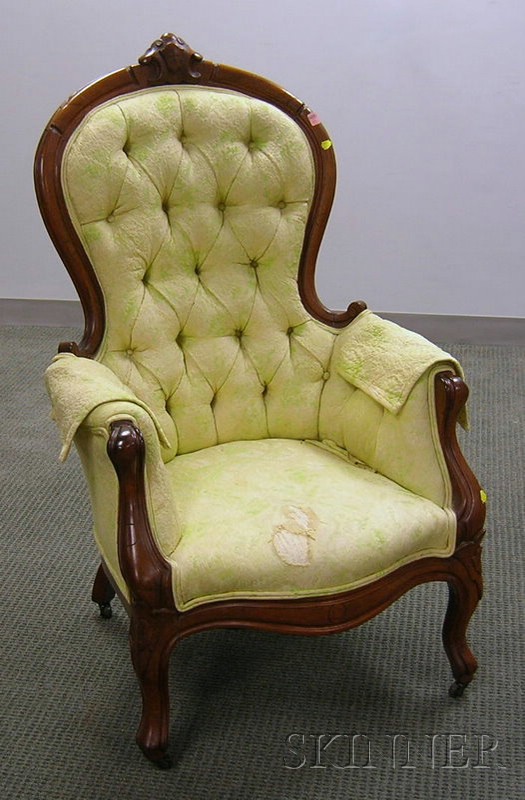 Appraisal: Victorian Rococo Revival Upholstered Carved Walnut Parlor Armchair