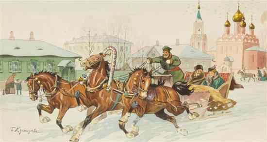 Appraisal: Attributed to Boris Mikhailovich Kustodiev Russian - The Troika Race