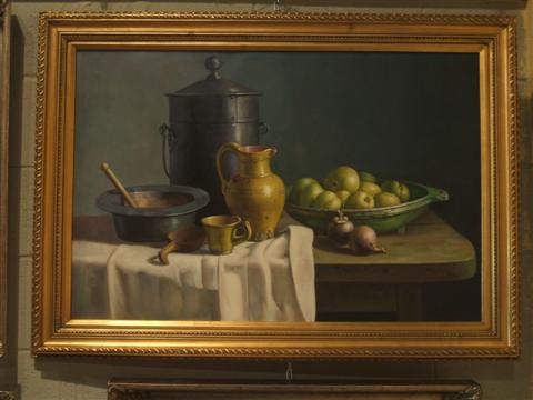 Appraisal: STILL LIFE WITH APPLES ONIONS OCRE PITCHER AND PEWTER Oil