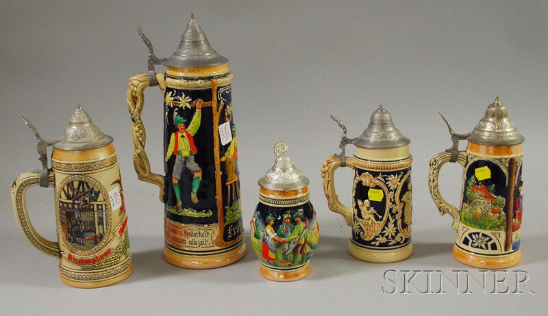 Appraisal: Five Lidded Stoneware Steins four German two stamped West Germany