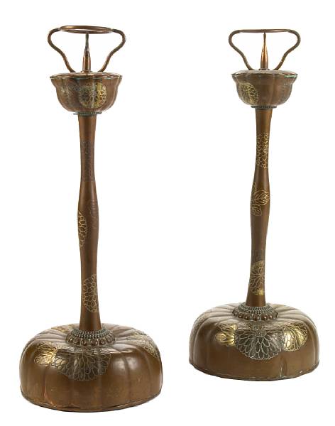 Appraisal: A pair of Japanese inlaid pricket sticks height in