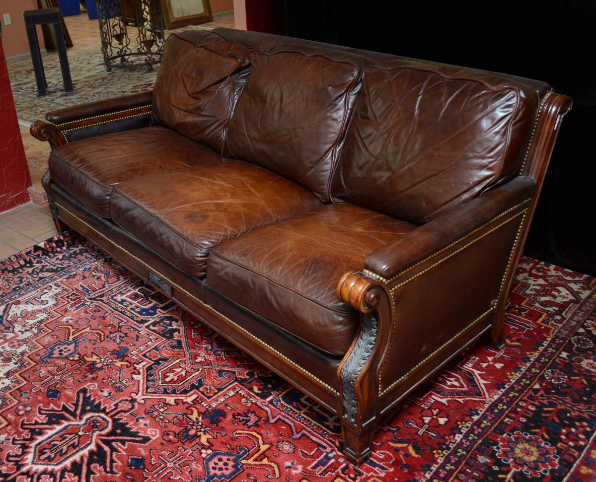 Appraisal: WHITTEMORE SHERRILL BROWN LEATHER SOFA Supple brown leather tacked to