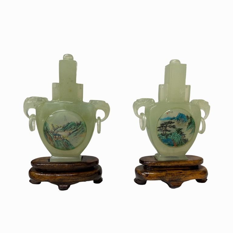 Appraisal: Pair of Chinese Jade Statues on Wooden Stands Pair of