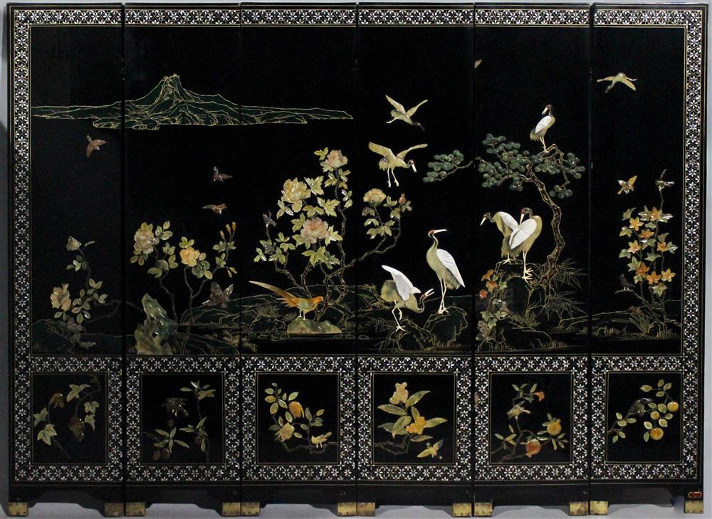 Appraisal: CHINESE SIX-PANEL MOTHER-OF-PEARL-INLAID AND LACQUER FLOOR SCREEN MODERN with a