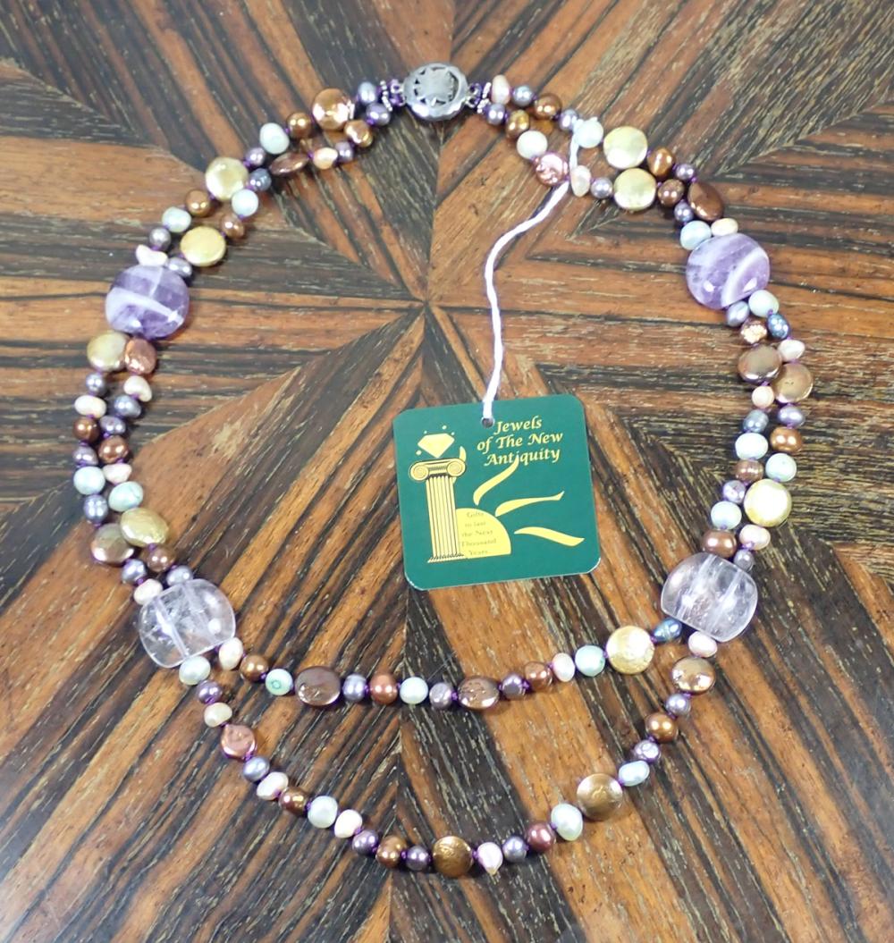 Appraisal: MULTI COLOR PEARL AMETHYST AND STERLING NECKLACE hand-knotted double strand