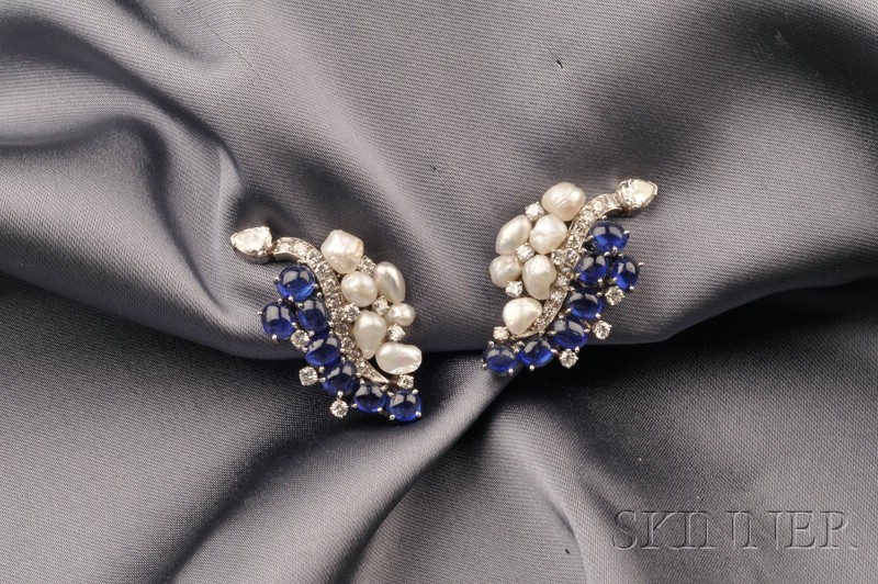 Appraisal: Sapphire Diamond and Baroque Pearl Earclips Ruser each prong-set with