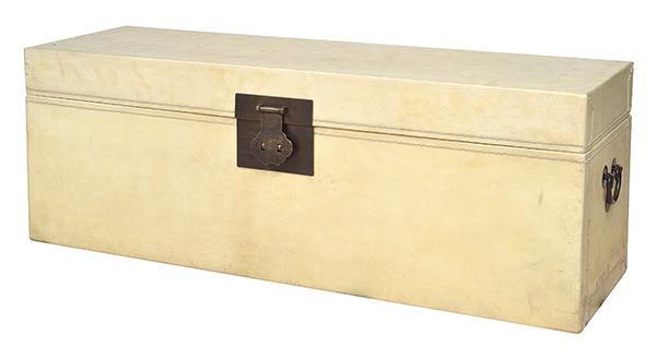 Appraisal: A VELLUM MOUNTED RECTANGULAR STORAGE TRUNK with a hinged cover