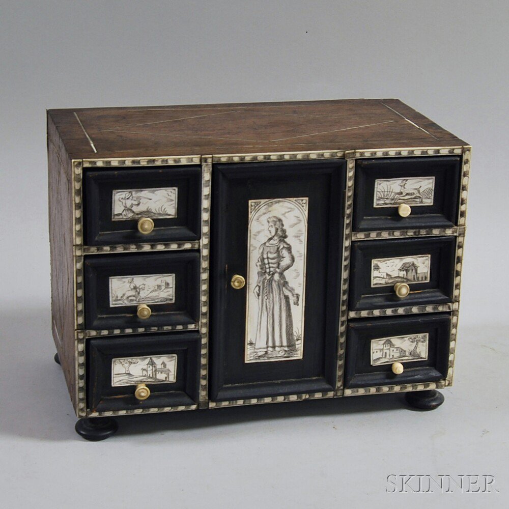 Appraisal: Continental Bone-inlaid Miniature Walnut Chest late th early th century